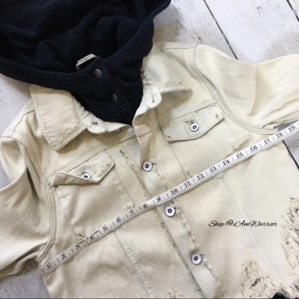 Free People Distressed Cropped Denim Jacket w/ Hooded Layer *shop@iamwarrior - Picture 5 of 9